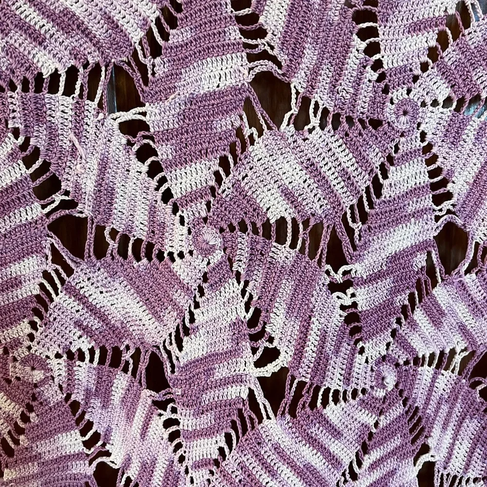 Vintage Hand Crocheted Table Runner/ 58” long x 19” wide Granny Core Pink Purple